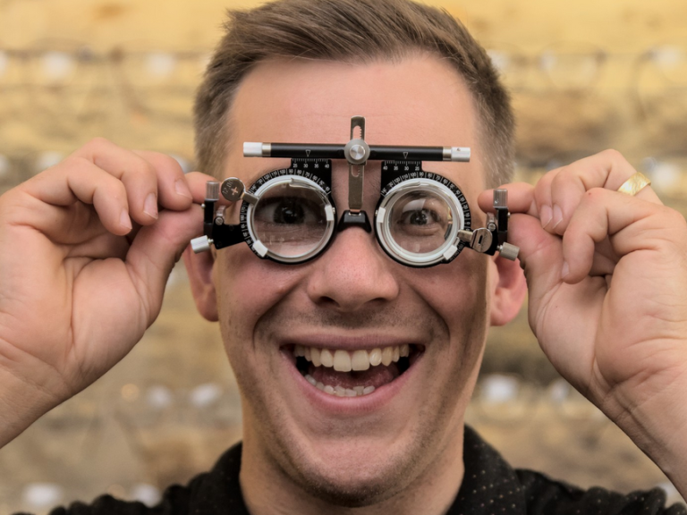 Junger Mann trägt eine Messbrille mit Lächeln, hält die Messbrille in den Händen.